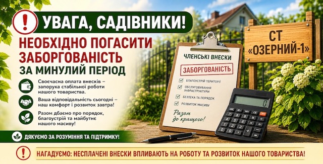 Увага Садівникам: необхідно погасити заборгованість за минулий період