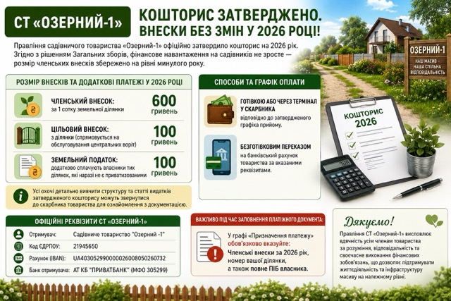 Членські внески за 2026 рік у СТ «Озерний-1»: скільки та як платити